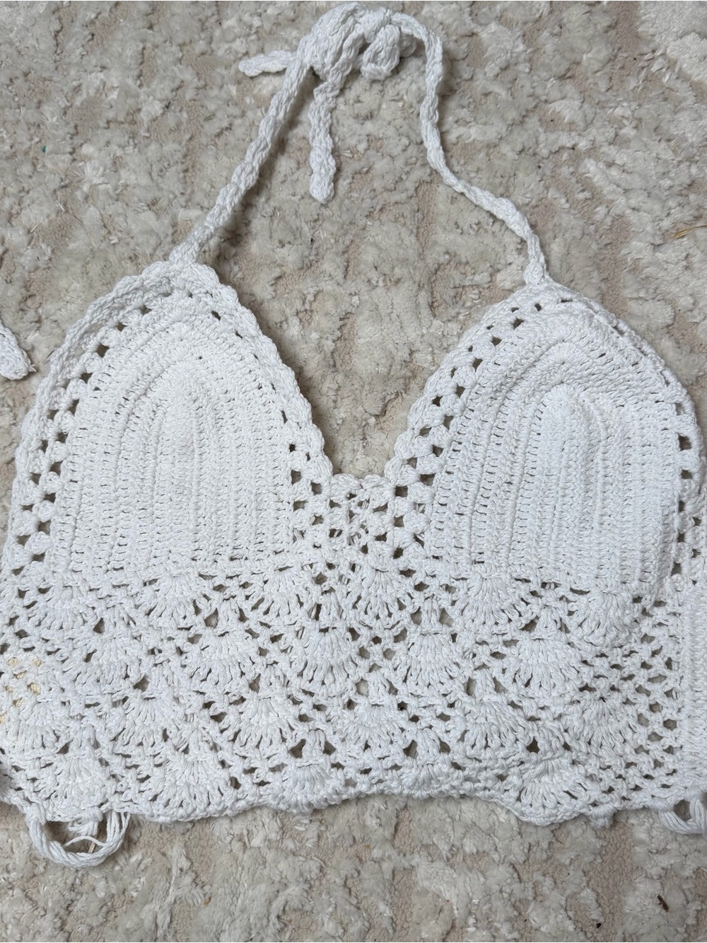 By The Sea White Crochet Fringe Halter Crop Top - Size L